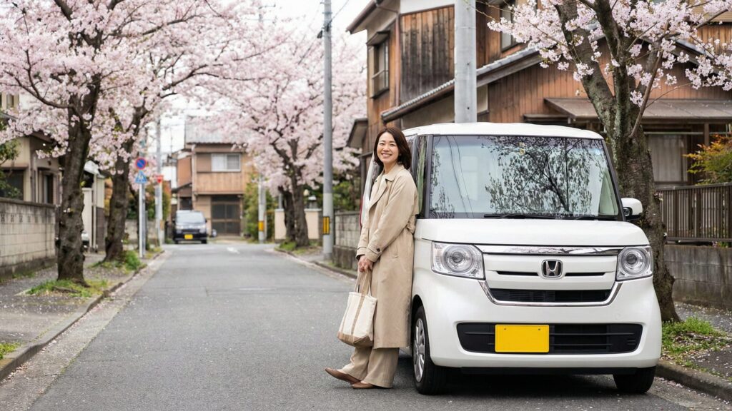 A wide establishing shot from the outside of a highway merge lane in Japan, a single white compact car accelerating down the ramp holding its line as a large truck passes on the main highway, conveying a sense of speed and tension, dynamic low angle, overcast sky, 8k, photorealistic, cinematic lighting, automotive photography